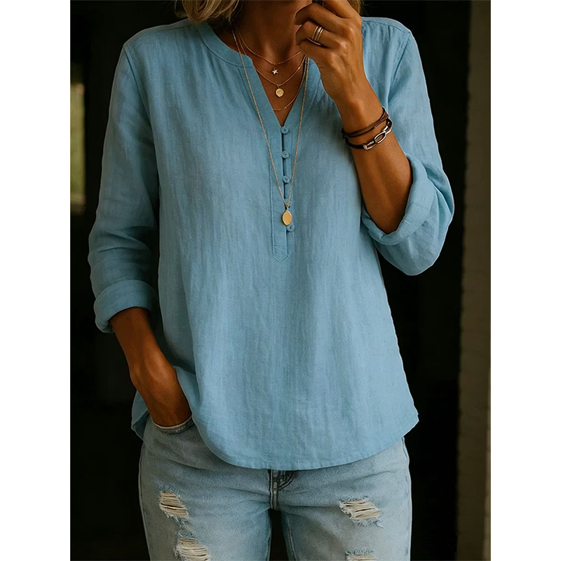 Women Casual V Neck Button Up Long Sleeve Shirt mysite