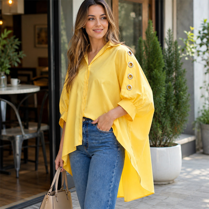 ⌛Limited-Time Offer-Women's Oversized Asymmetrical Shirt with Eyelet Details mysite