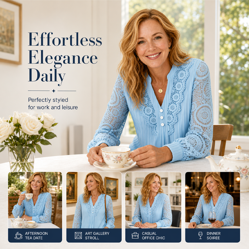 Women's Lace Patchwork V-Neck Long Sleeve Top mysite