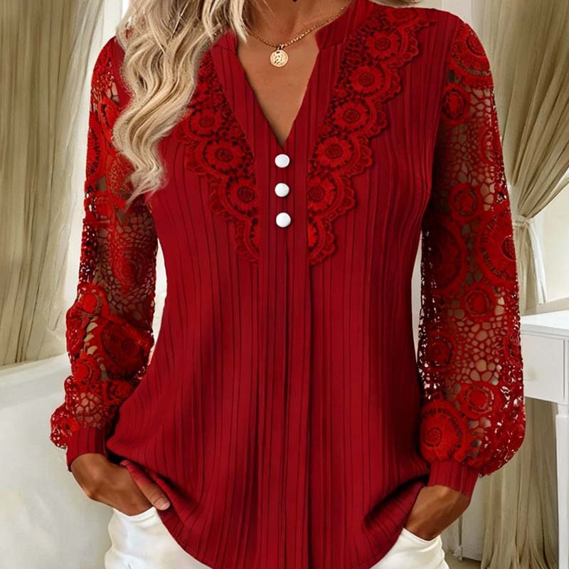 Women's Lace Patchwork V-Neck Long Sleeve Top mysite