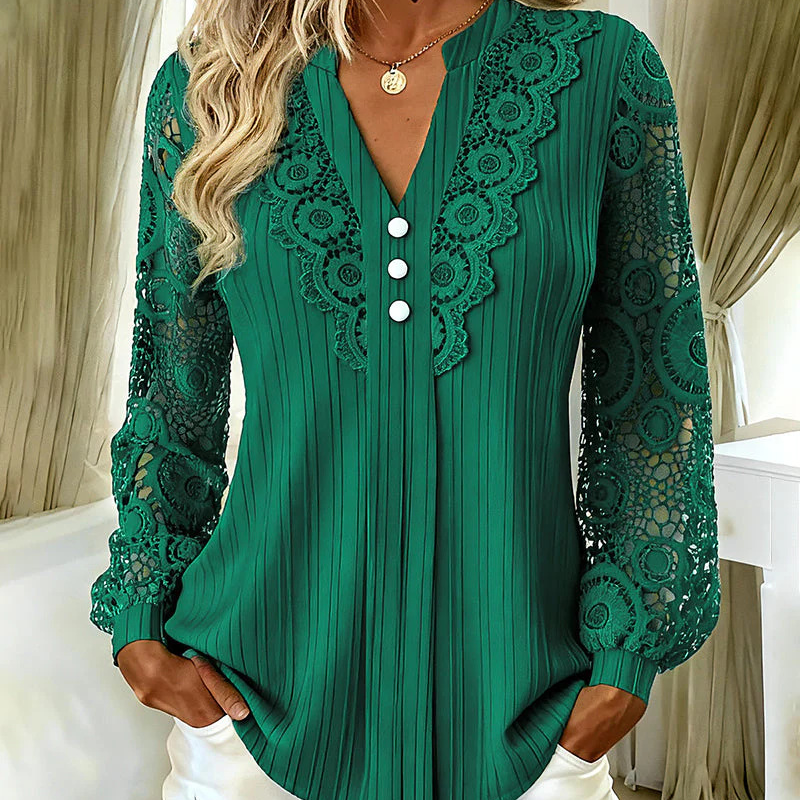 Women's Lace Patchwork V-Neck Long Sleeve Top mysite
