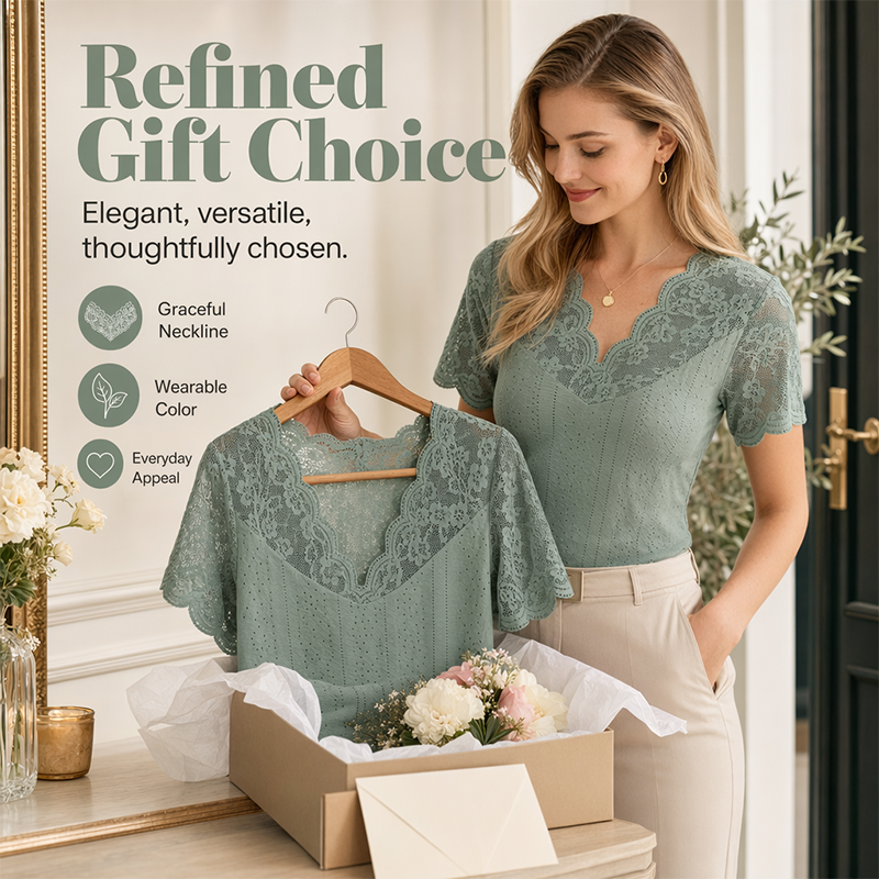 Women's Slim-Fit V-Neck Lace Short-Sleeve Top mysite