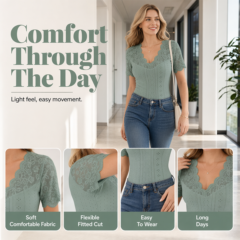Women's Slim-Fit V-Neck Lace Short-Sleeve Top mysite