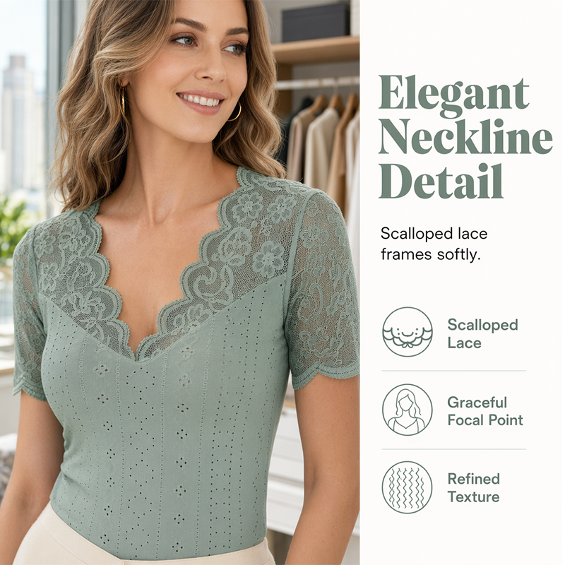 Women's Slim-Fit V-Neck Lace Short-Sleeve Top mysite