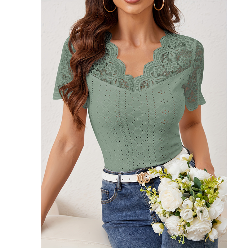 Women's Slim-Fit V-Neck Lace Short-Sleeve Top mysite