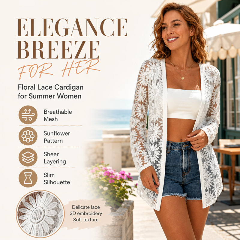 Women's Long Sleeve Sunflower Lace Mesh Cardigan mysite