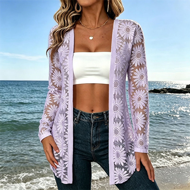 Women's Long Sleeve Sunflower Lace Mesh Cardigan mysite