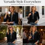 Women's Denim Collar Long Sleeve Patchwork Knit Top mysite