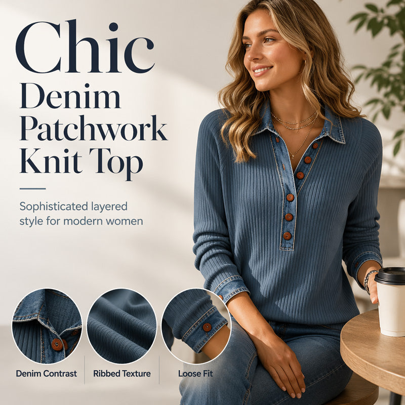 Women's Denim Collar Long Sleeve Patchwork Knit Top mysite