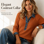 Women's Denim Collar Long Sleeve Patchwork Knit Top mysite