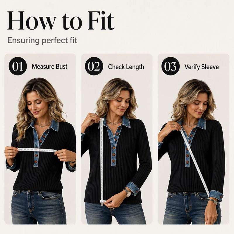 Women's Denim Collar Long Sleeve Patchwork Knit Top mysite