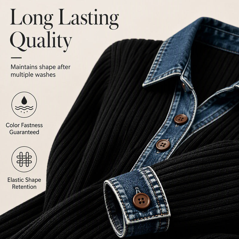 Women's Denim Collar Long Sleeve Patchwork Knit Top mysite