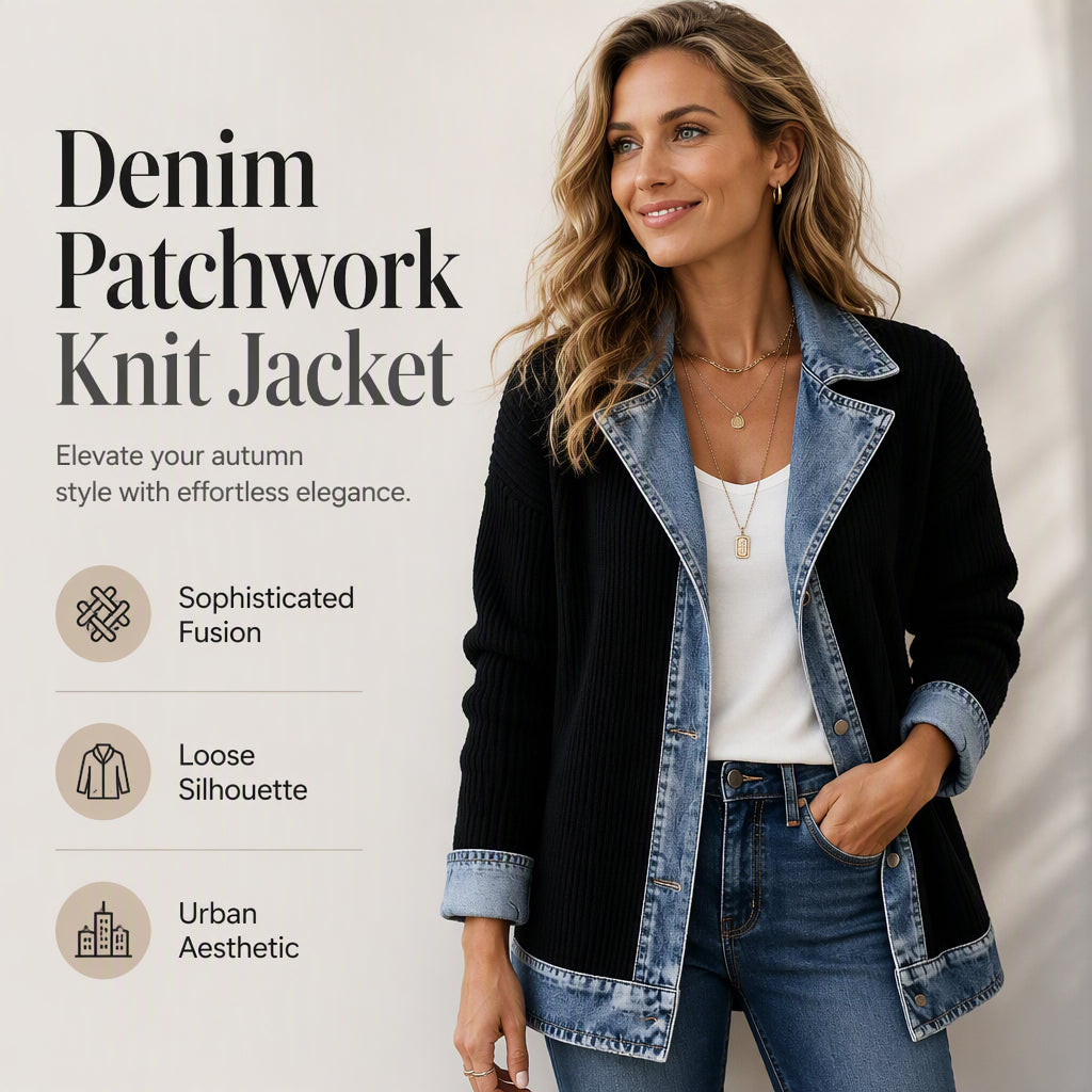Women’s Elegant Denim Spliced Ribbed Knit Coat mysite