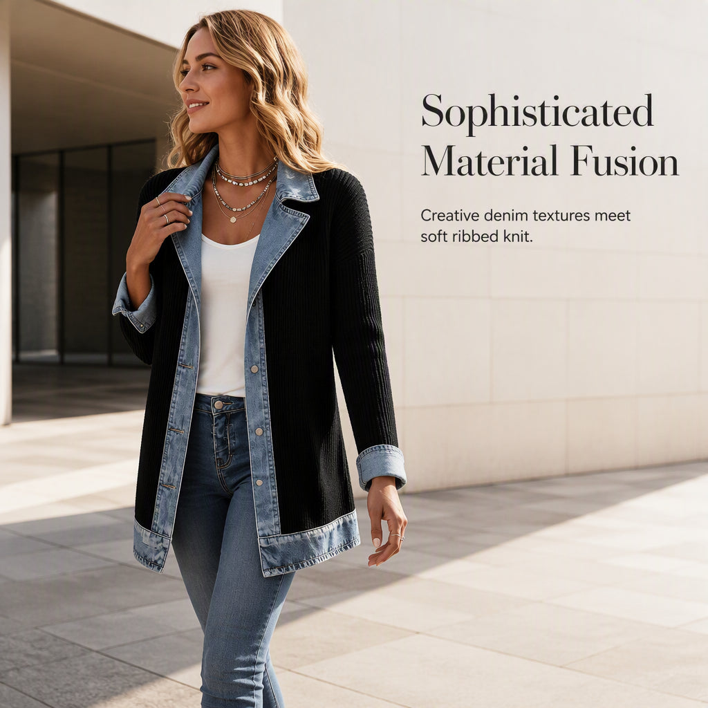 Women’s Elegant Denim Spliced Ribbed Knit Coat mysite