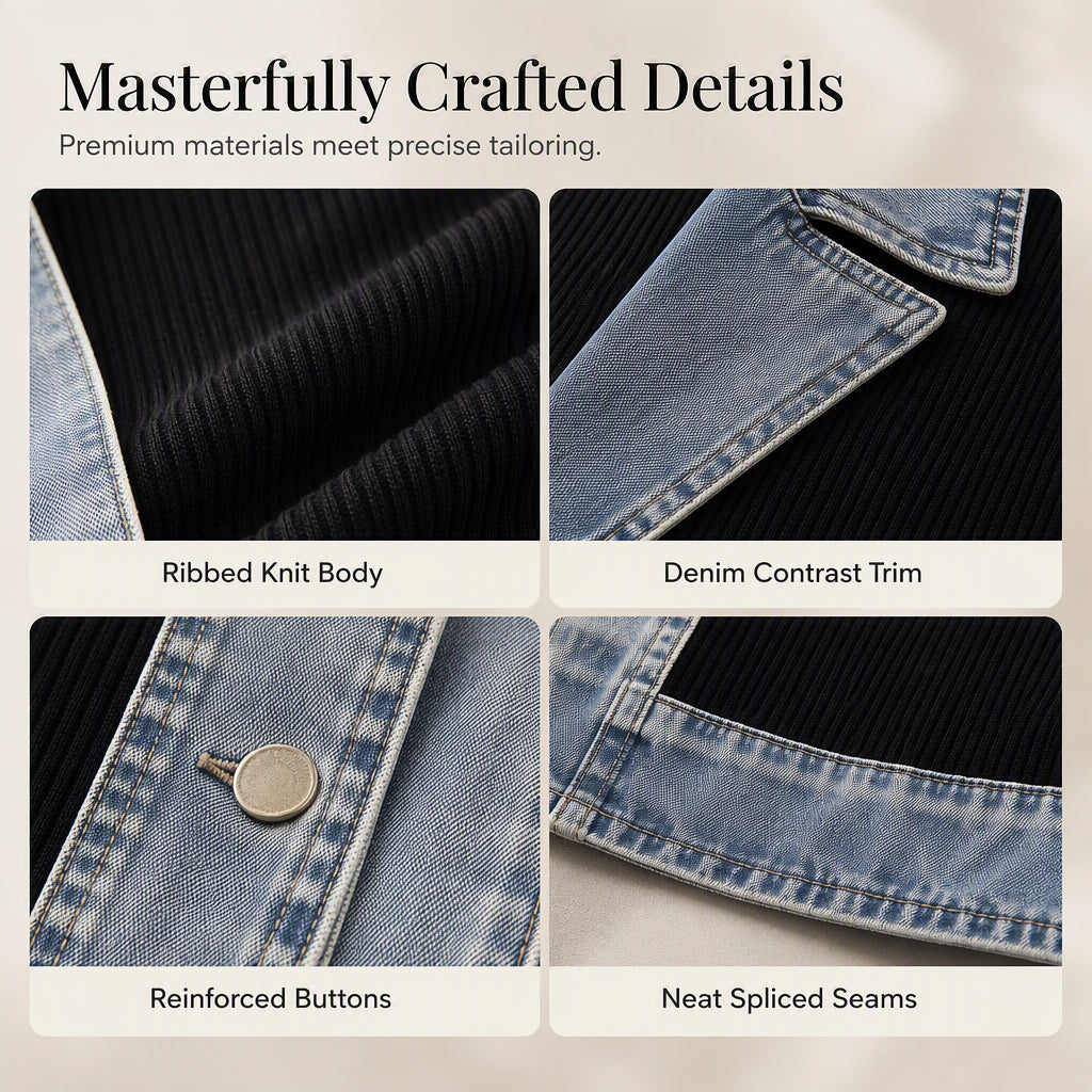 Women’s Elegant Denim Spliced Ribbed Knit Coat mysite