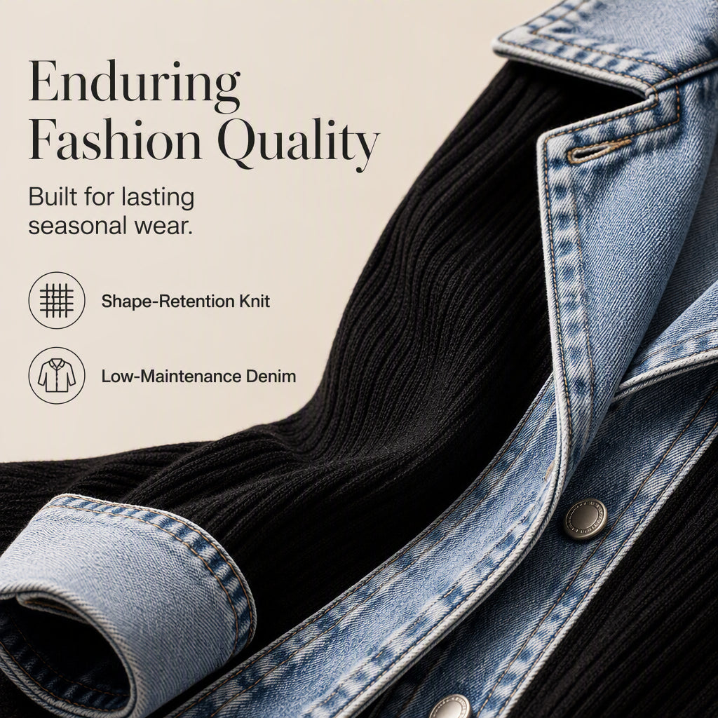 Women’s Elegant Denim Spliced Ribbed Knit Coat Marlovene