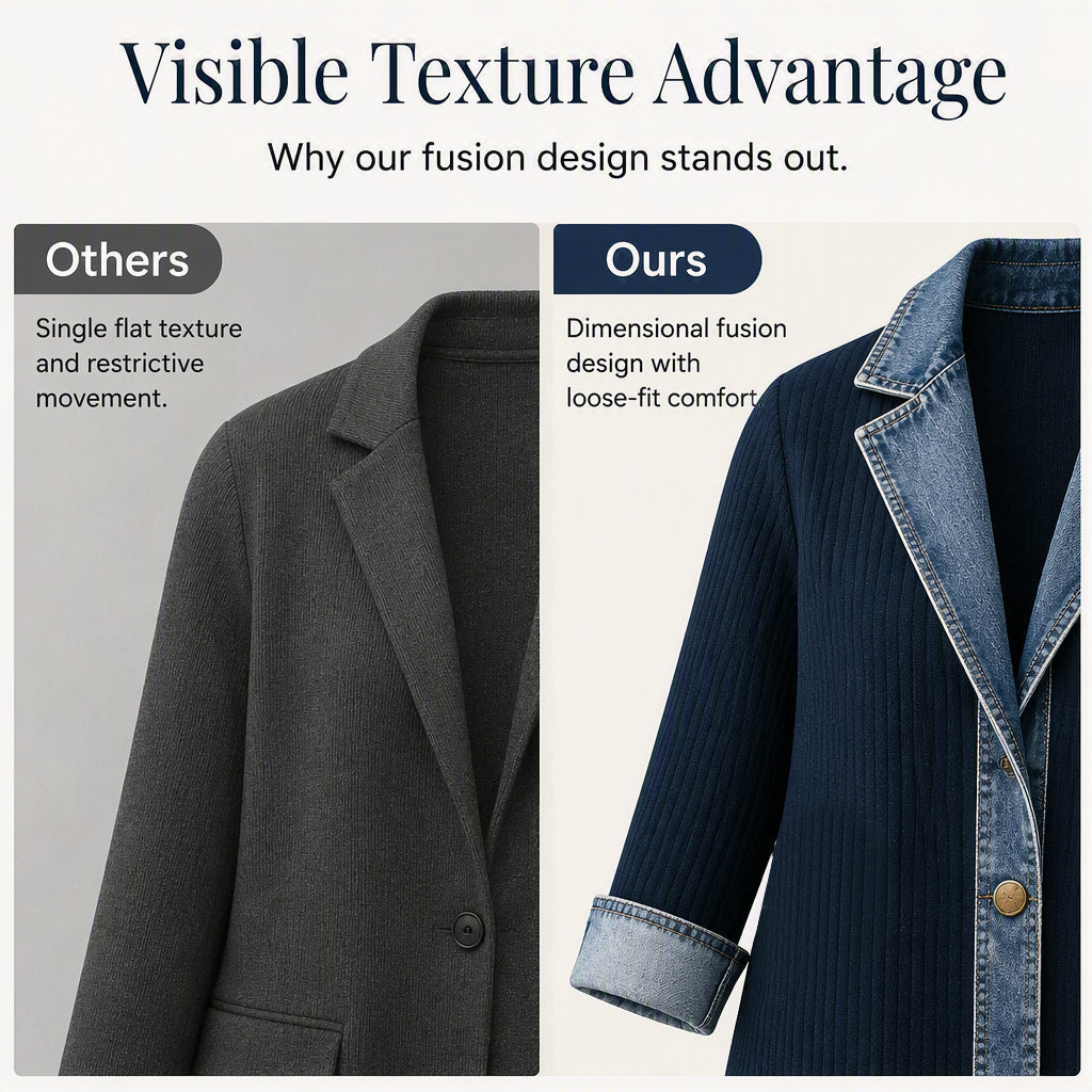 Women’s Elegant Denim Spliced Ribbed Knit Coat mysite