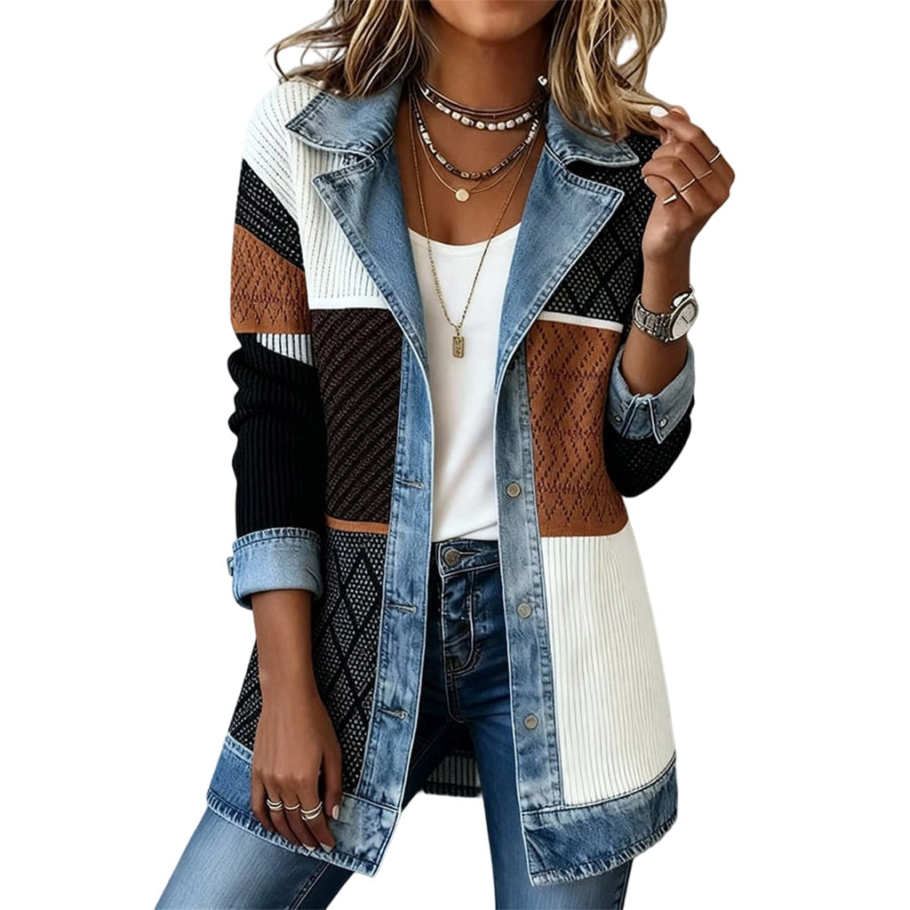Women’s Elegant Denim Spliced Ribbed Knit Coat mysite