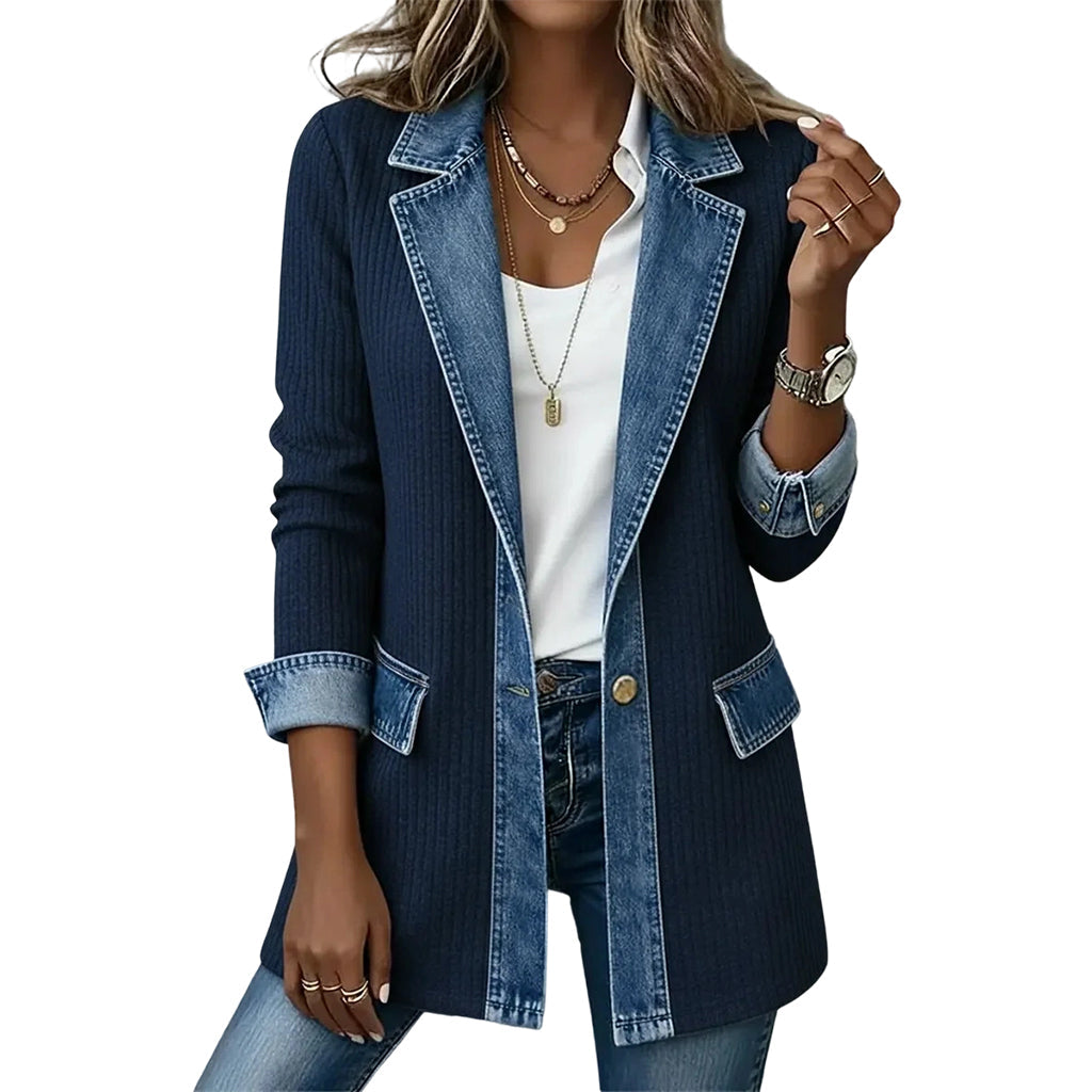 Women’s Elegant Denim Spliced Ribbed Knit Coat mysite
