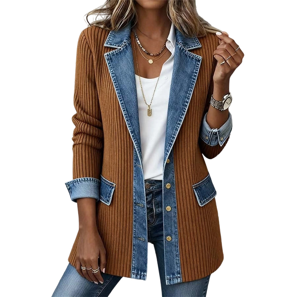 Women’s Elegant Denim Spliced Ribbed Knit Coat mysite