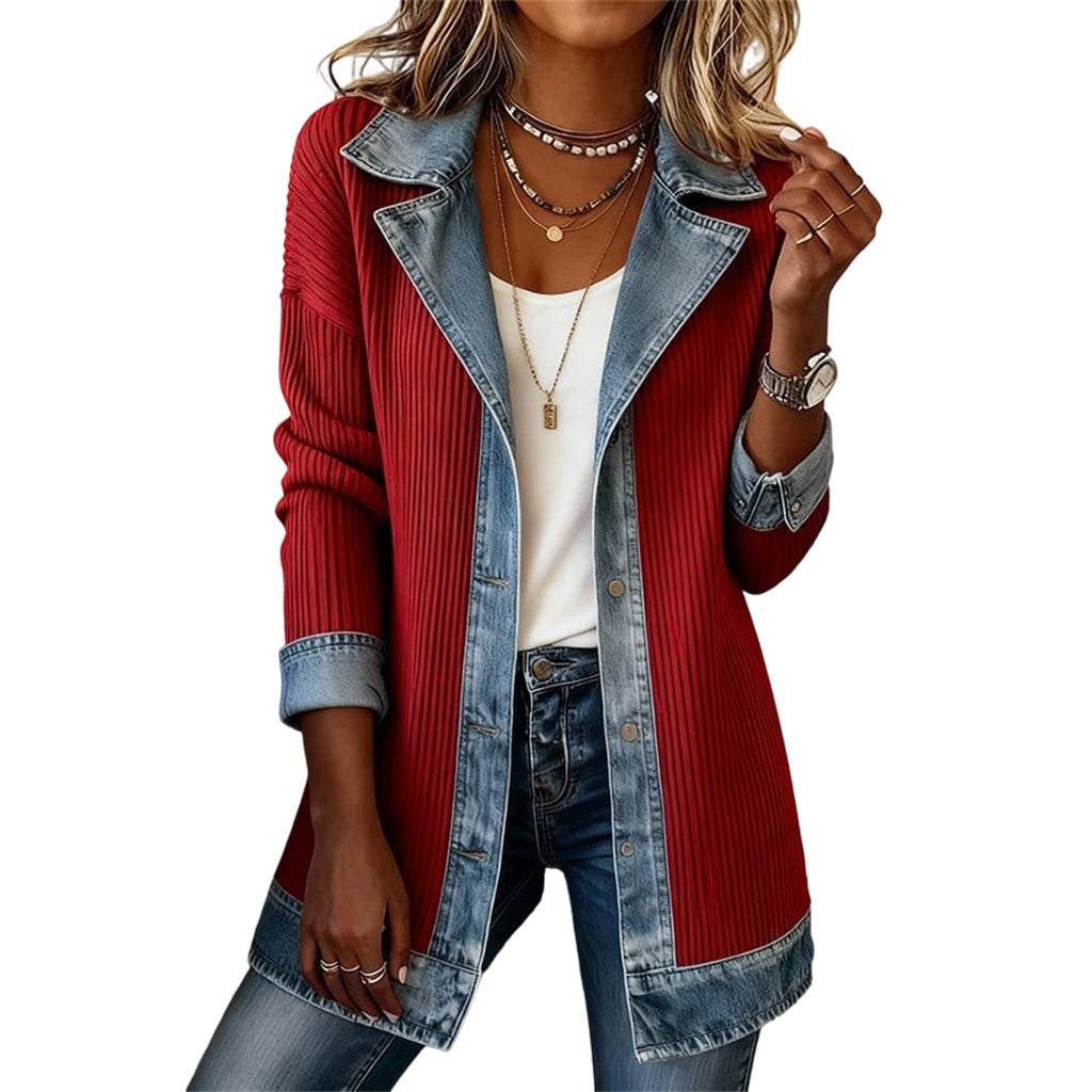 Women’s Elegant Denim Spliced Ribbed Knit Coat mysite