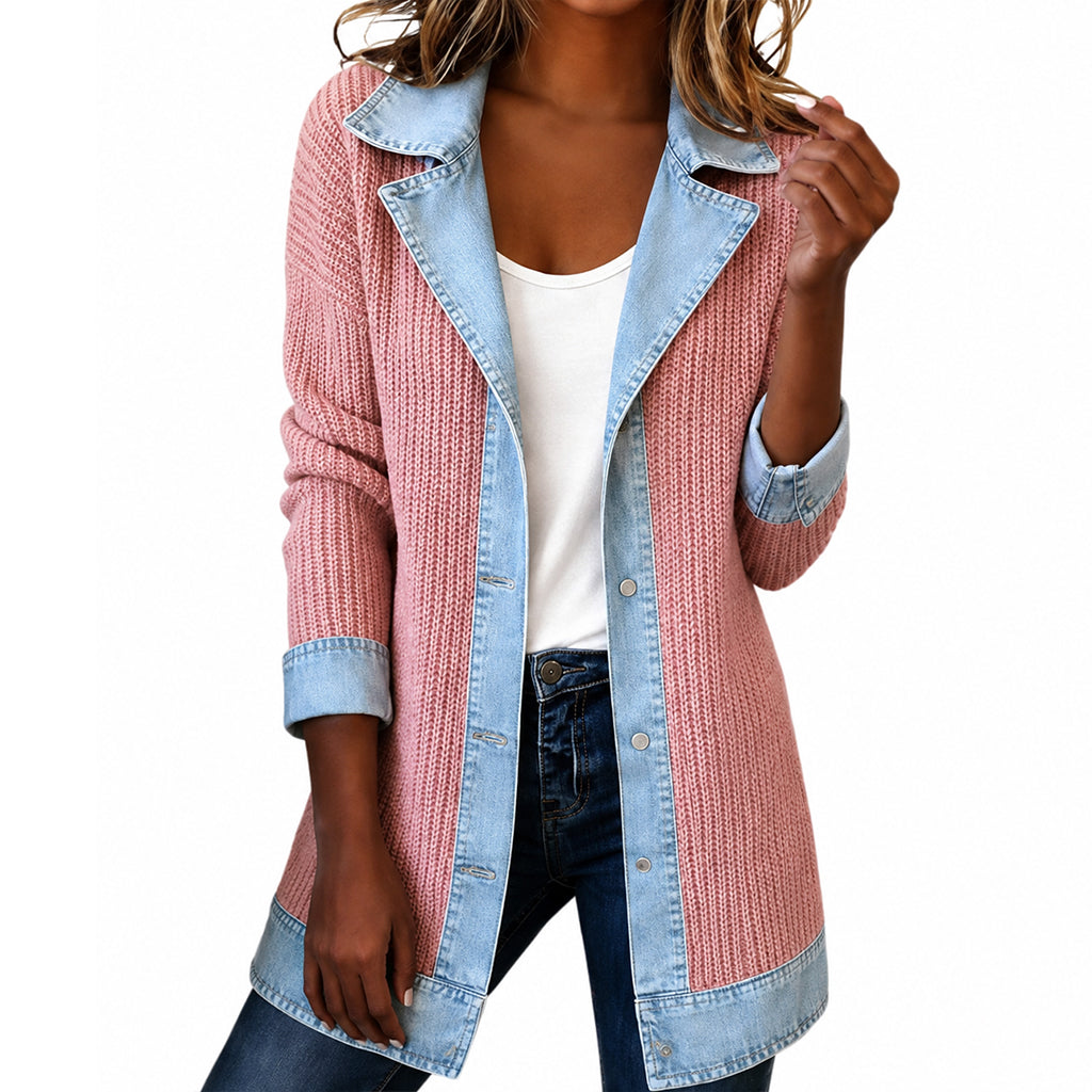 Women’s Elegant Denim Spliced Ribbed Knit Coat mysite
