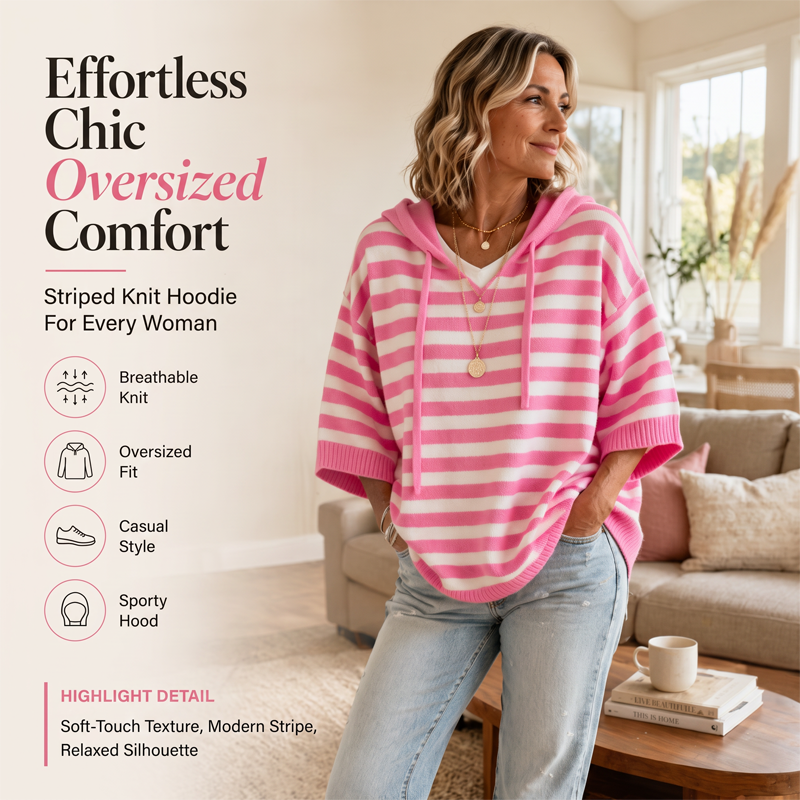 Women's Casual Striped Hooded Pullover Top mysite