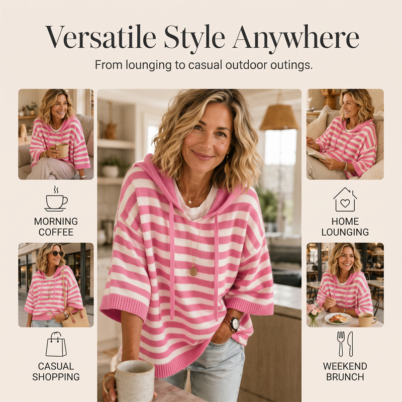 Women's Casual Striped Hooded Pullover Top mysite
