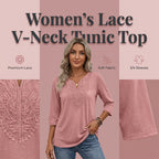 Women's V-Neck Lace Trim 3/4 Sleeve Tunic Top mysite
