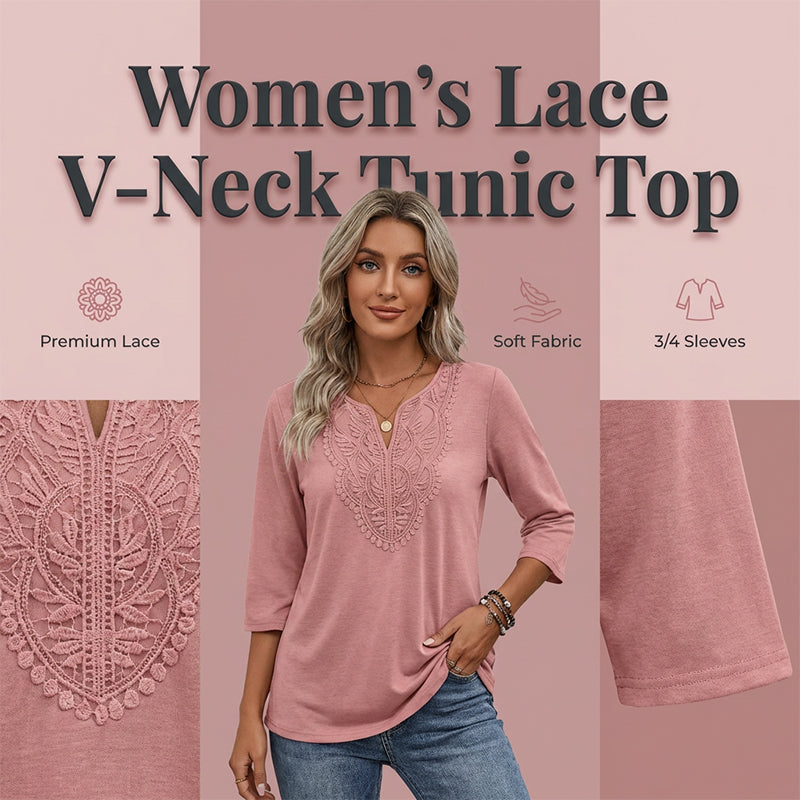 Women's V-Neck Lace Trim 3/4 Sleeve Tunic Top mysite