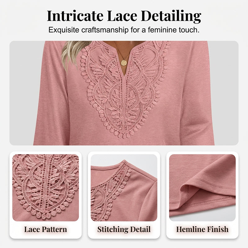 Women's V-Neck Lace Trim 3/4 Sleeve Tunic Top mysite