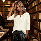 Women's V-Neck Lace Trim 3/4 Sleeve Tunic Top mysite