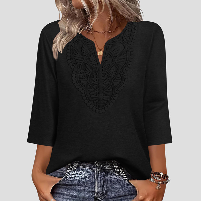 Women's V-Neck Lace Trim 3/4 Sleeve Tunic Top mysite