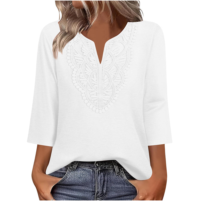 Women's V-Neck Lace Trim 3/4 Sleeve Tunic Top mysite