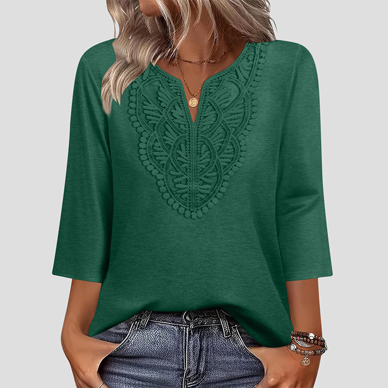Women's V-Neck Lace Trim 3/4 Sleeve Tunic Top mysite