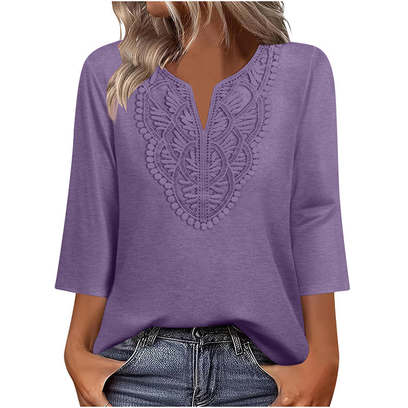 Women's V-Neck Lace Trim 3/4 Sleeve Tunic Top mysite