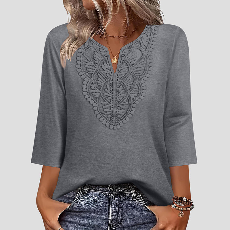 Women's V-Neck Lace Trim 3/4 Sleeve Tunic Top mysite