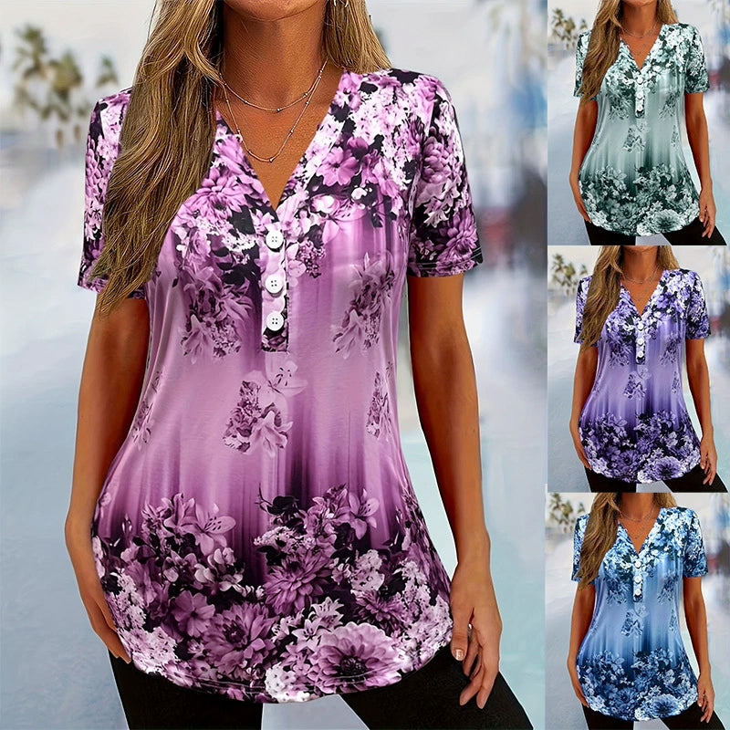 Women's Elegant Floral Printed Short Sleeve Top mysite