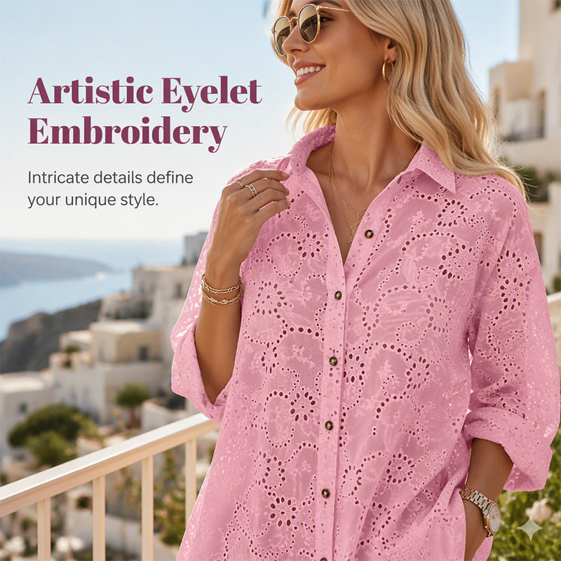 Women's Hollow Out Eyelet Lace Burnout Short-Sleeve Shirt mysite