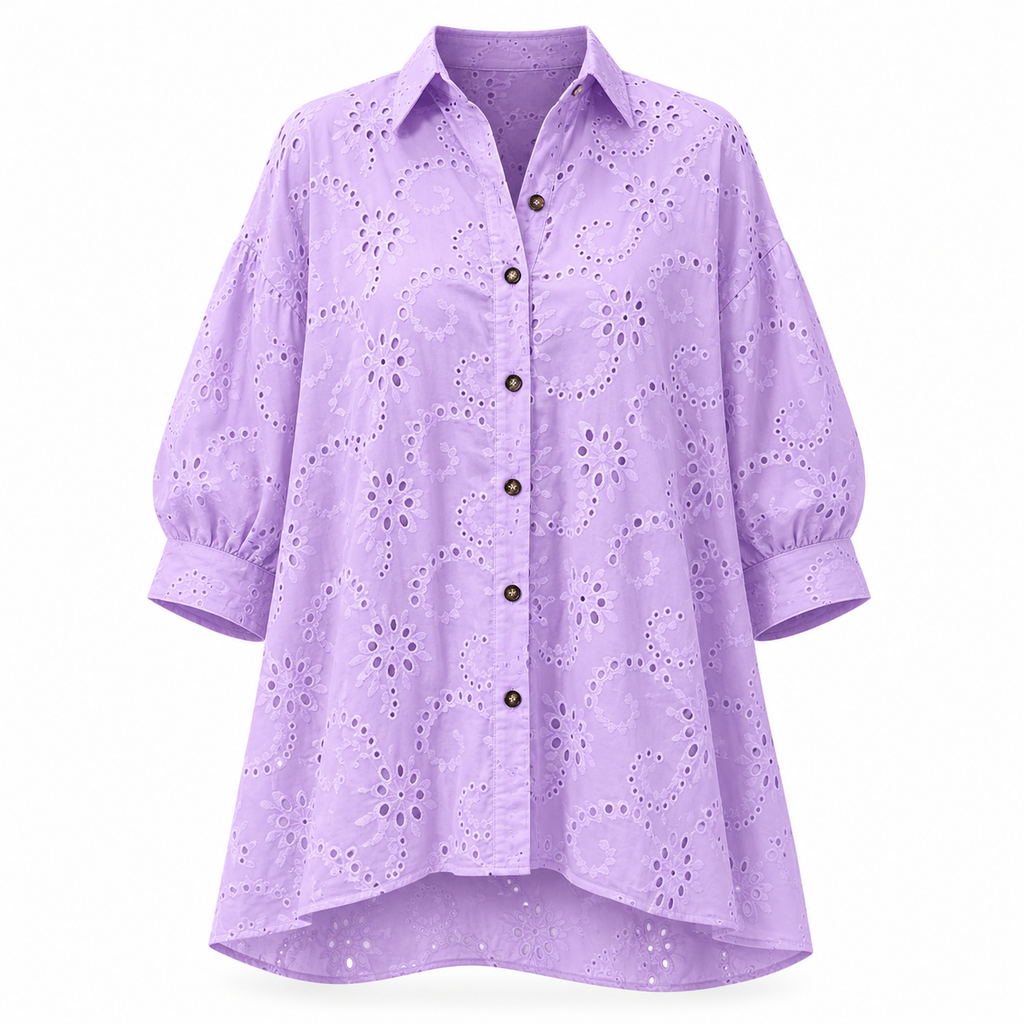 Women's Hollow Out Eyelet Lace Burnout Short-Sleeve Shirt mysite