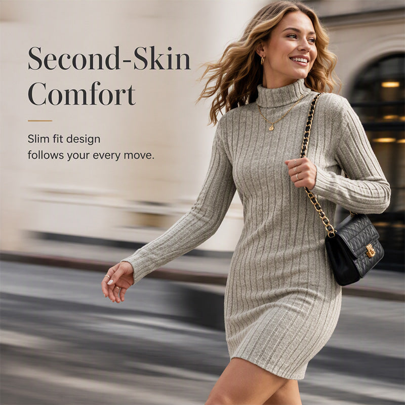 Women's Ribbed Turtleneck Long Sleeve Sweater Dress mysite