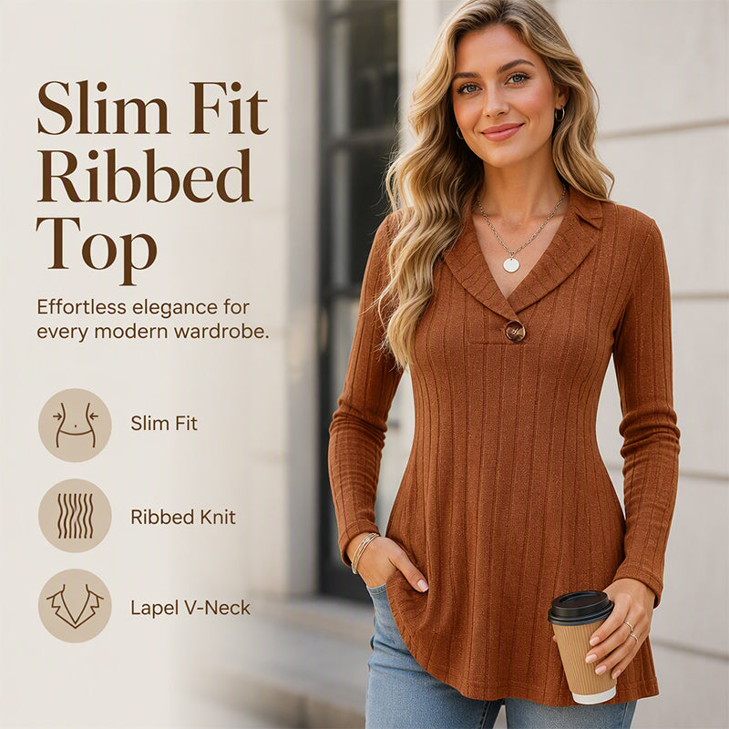 Women's V Neck Ribbed Knit Casual Top mysite