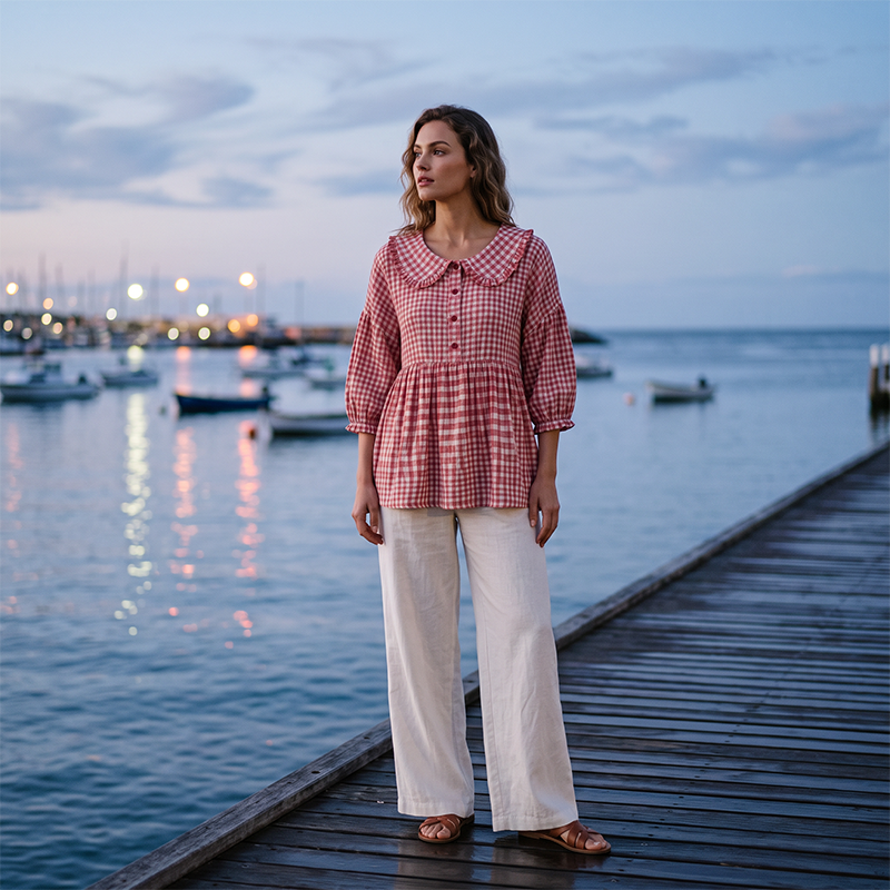 Women's Casual Gingham Print Top mysite