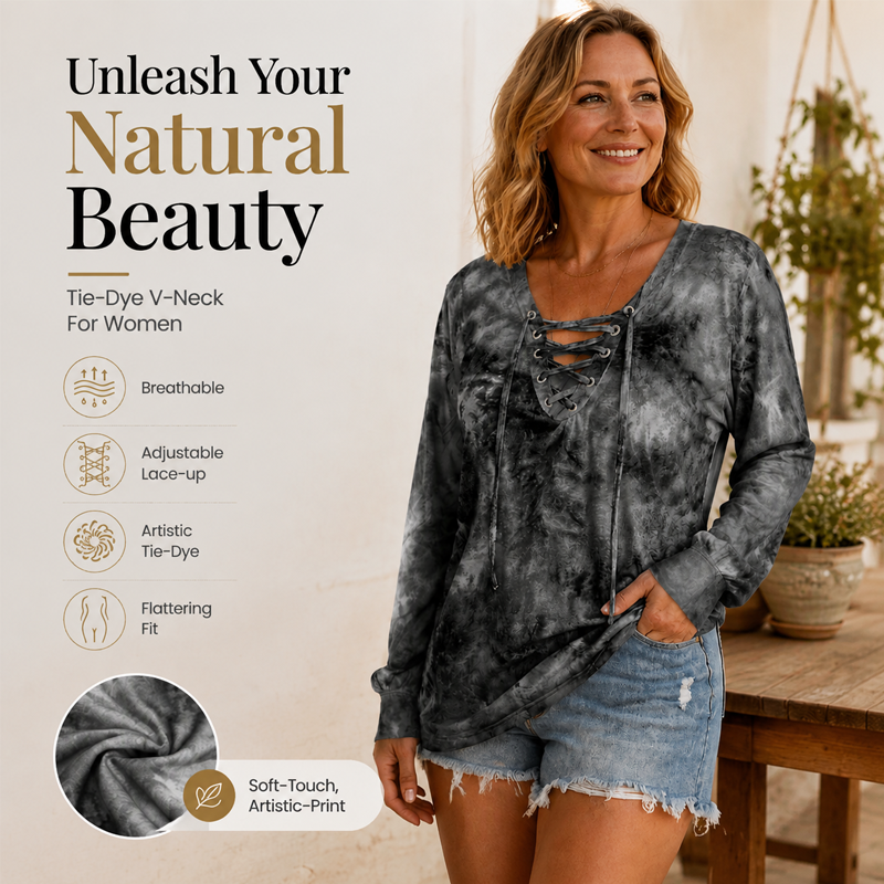 Women's Tie-Dye Printed Lace-Up V-Neck Top mysite