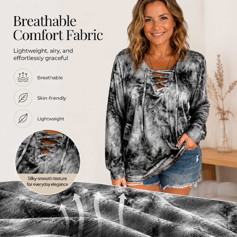 Women's Tie-Dye Printed Lace-Up V-Neck Top mysite