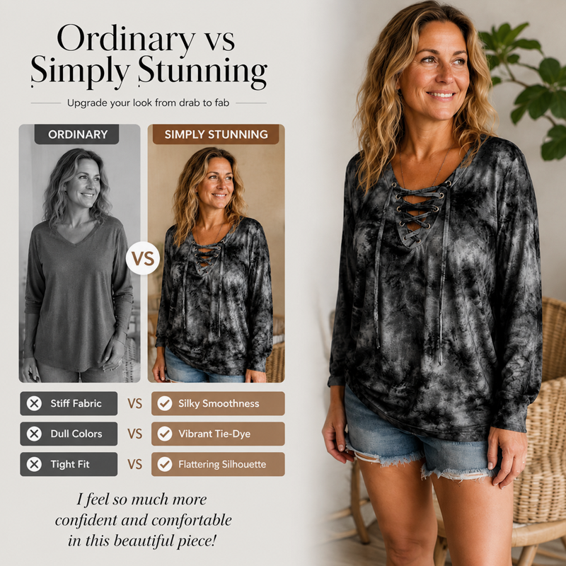 Women's Tie-Dye Printed Lace-Up V-Neck Top mysite