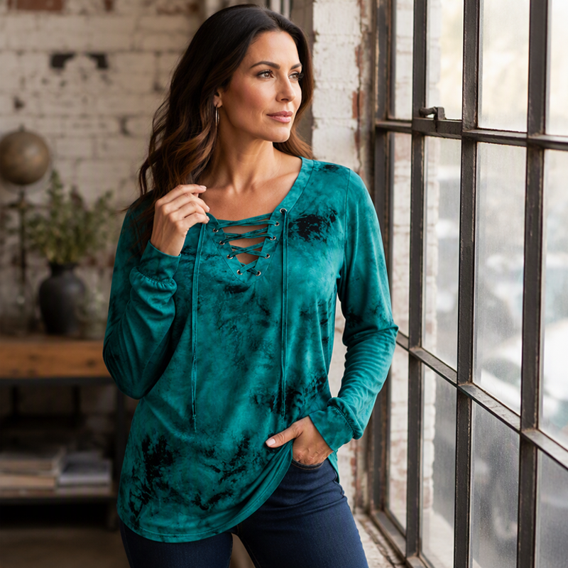 Women's Tie-Dye Printed Lace-Up V-Neck Top mysite