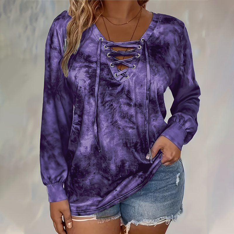 Women's Tie-Dye Printed Lace-Up V-Neck Top mysite