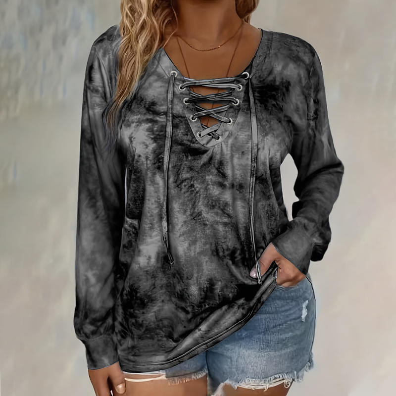 Women's Tie-Dye Printed Lace-Up V-Neck Top mysite