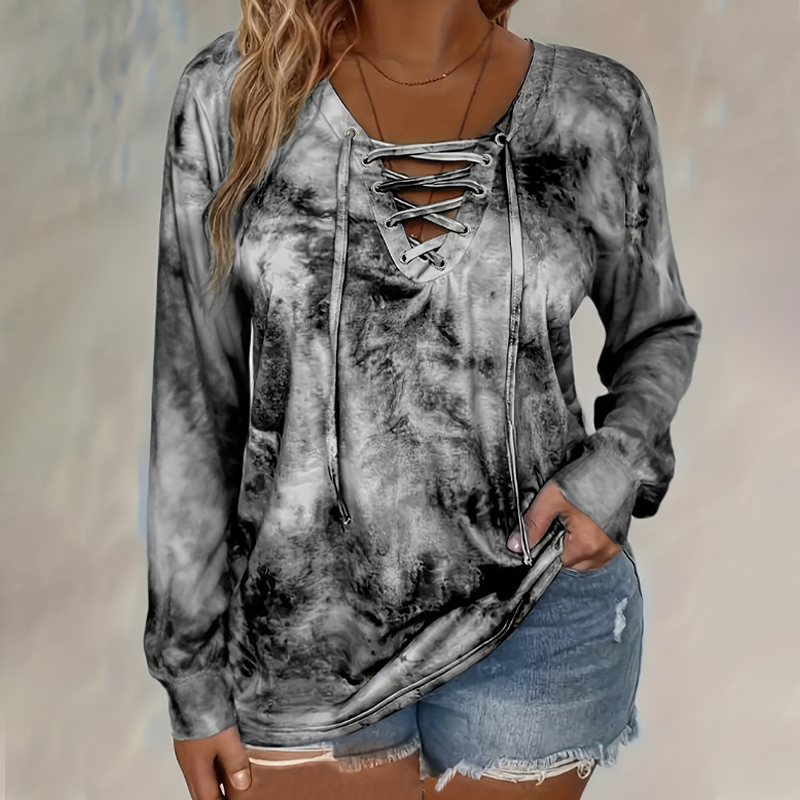 Women's Tie-Dye Printed Lace-Up V-Neck Top mysite
